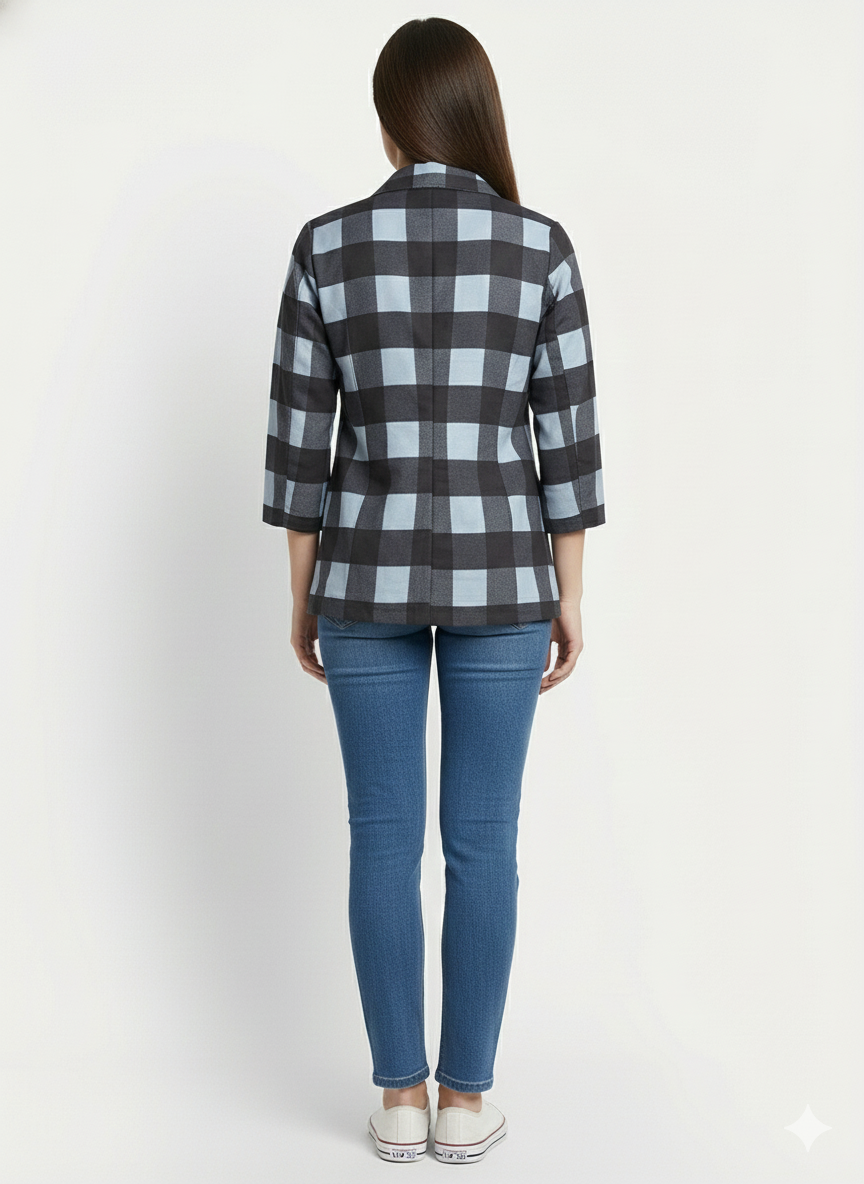 Black & Bluish Grey Checkered All Season Lightweight Women Blazer