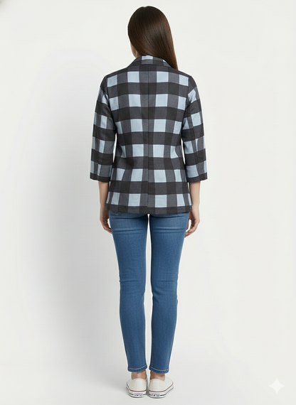 Black & Bluish Grey Checkered All Season Lightweight Women Blazer