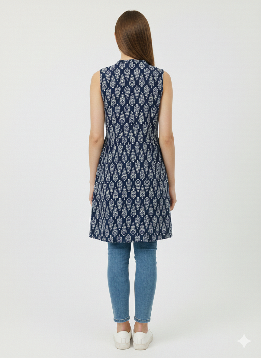 Indigo Ajrakh Print Sleeveless Front-open Long Shrug