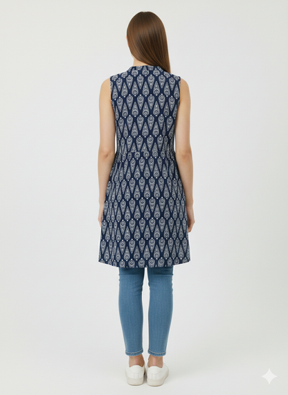 Indigo Ajrakh Print Sleeveless Front-open Long Shrug