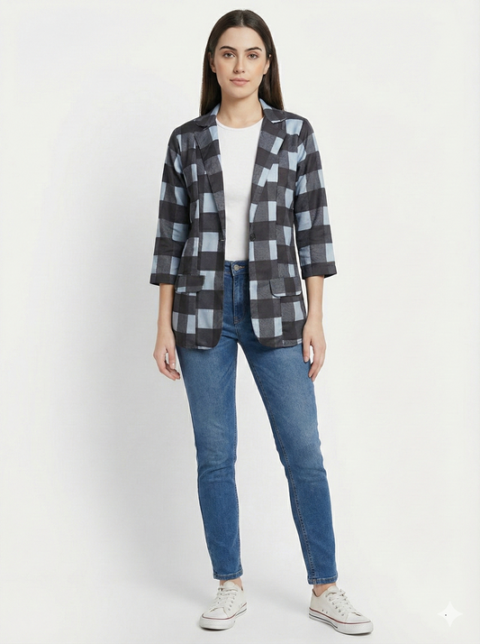 Black & Bluish Grey Checkered All Season Lightweight Women Blazer