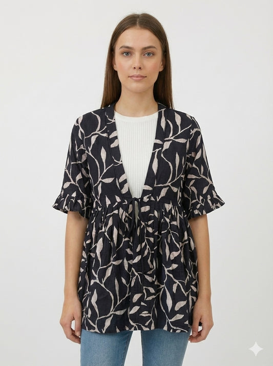 Black & White Kalamkari Pattern Tie-Up Shrug for Women