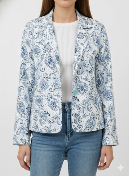 White & Blue Paisley Print All Season Lightweight Women Blazer