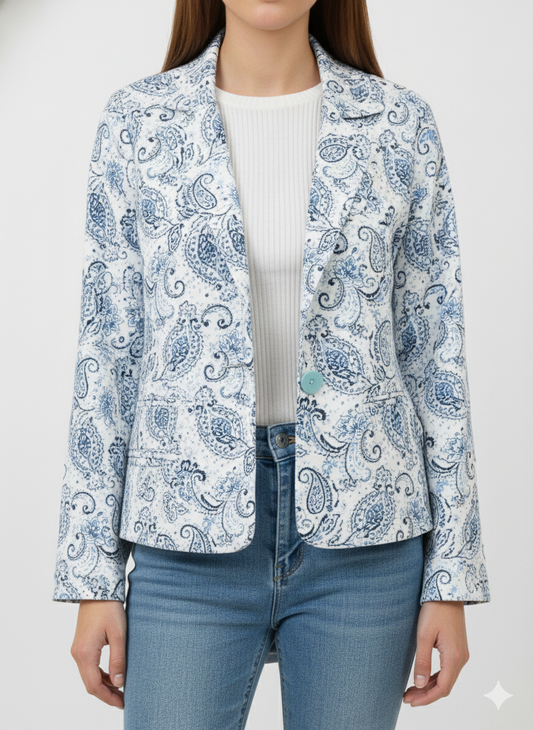 White & Blue Paisley Print All Season Lightweight Women Blazer