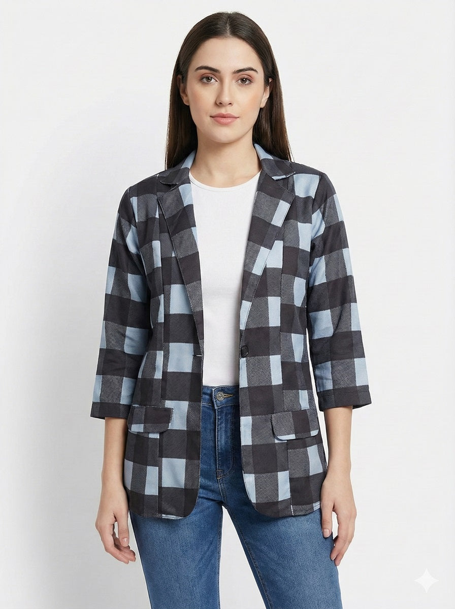 Black & Bluish Grey Checkered All Season Lightweight Women Blazer