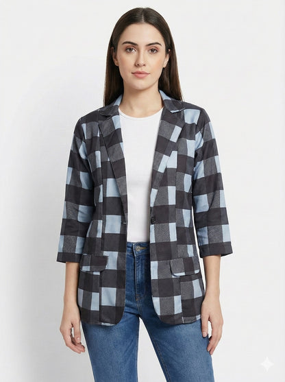 Black & Bluish Grey Checkered All Season Lightweight Women Blazer