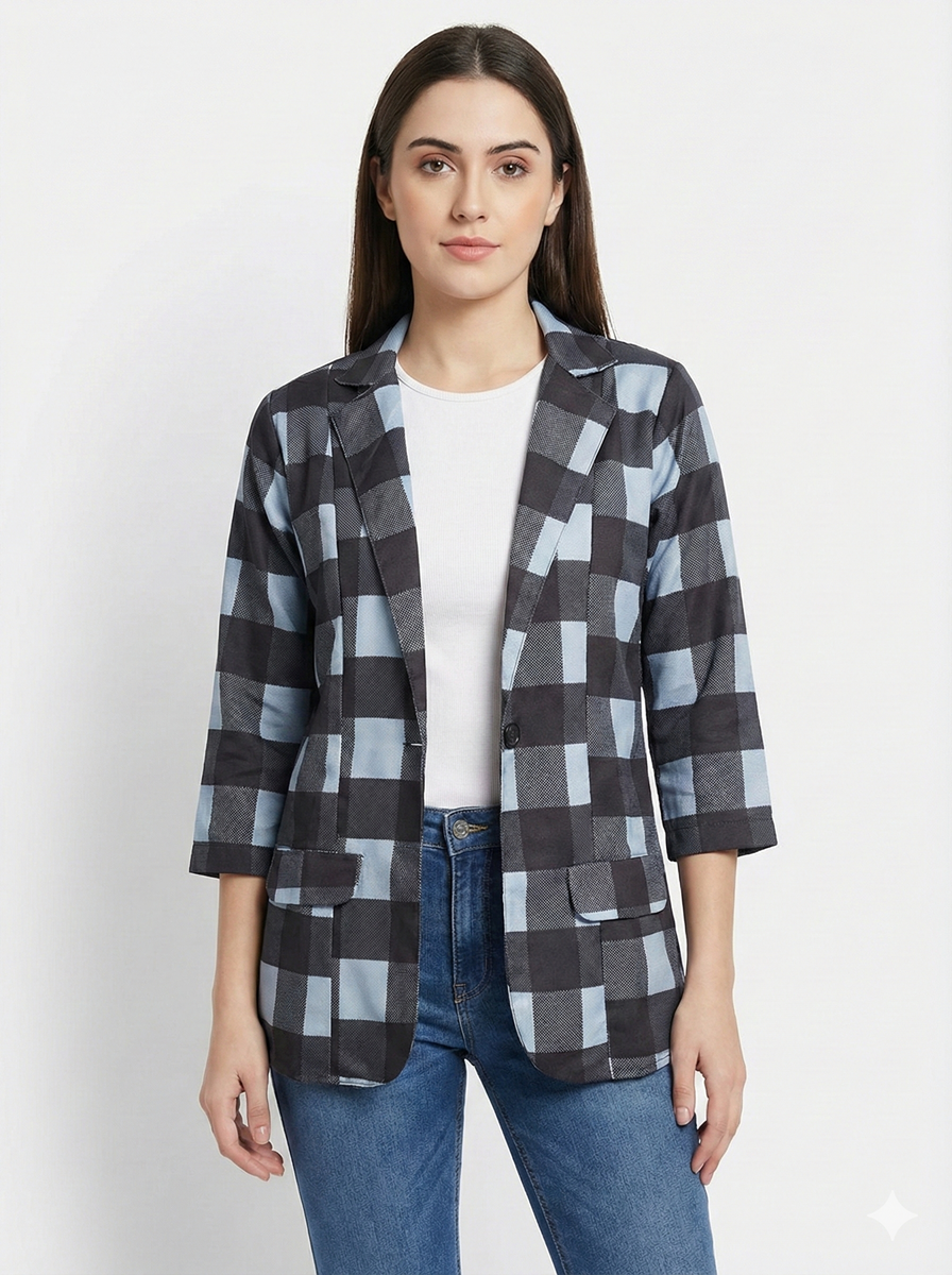 Black & Bluish Grey Checkered All Season Lightweight Women Blazer