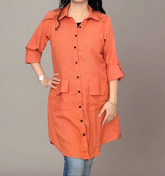 Carrot Red Checked Mid-Length Shirt