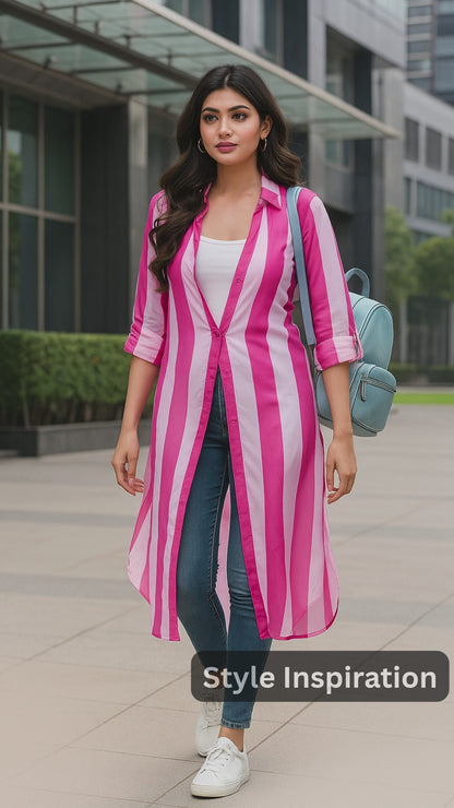 Peach And Pink Stripes Digital Printed Long Shirt