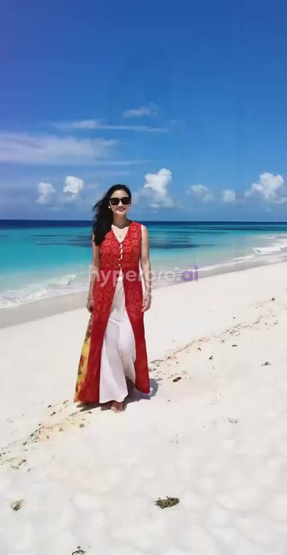 Red Bandhini Print Button-up Longline Sleeveless Shrug