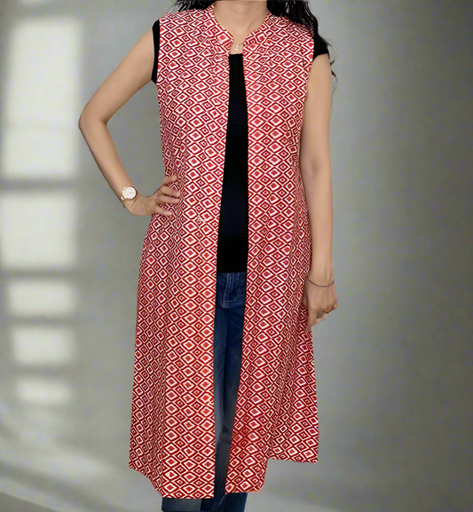 Red Ikat Print Sleeveless Front-open Long Shrug