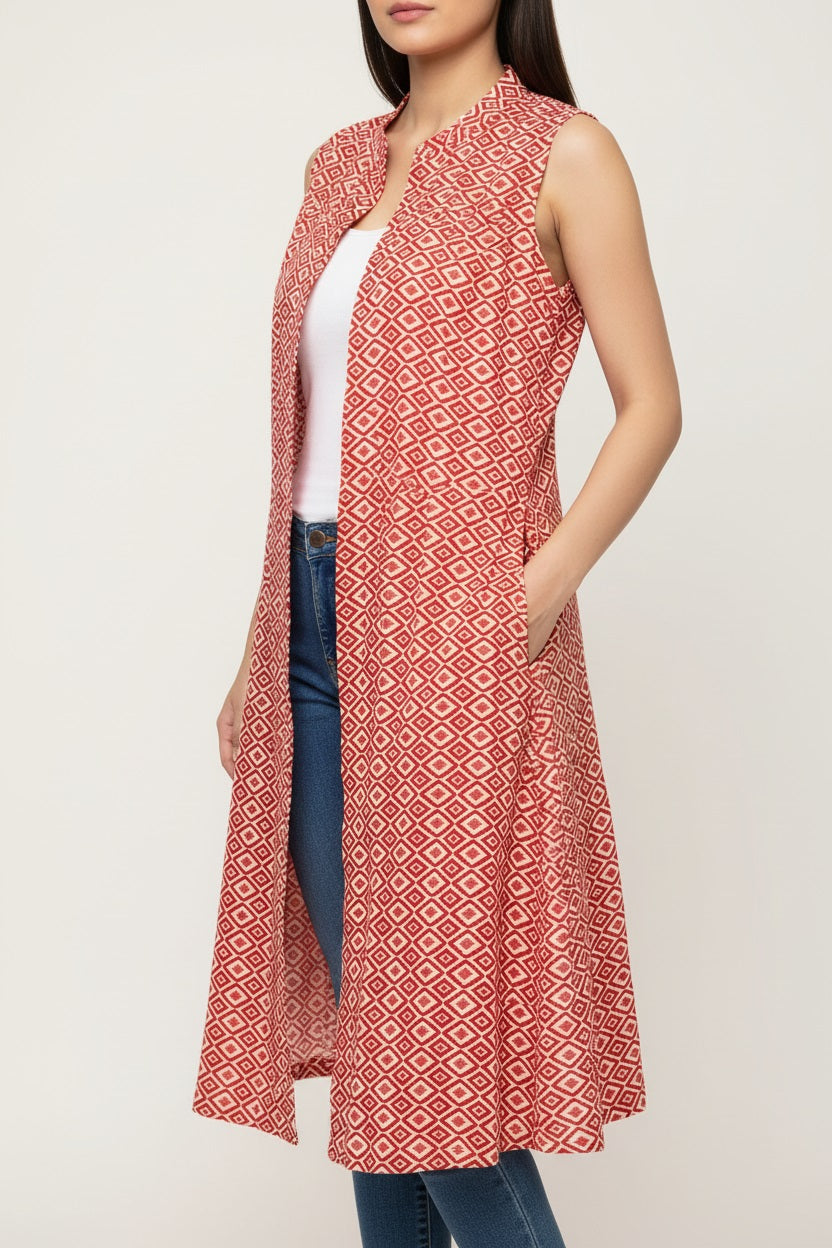 Red Ikat Print Sleeveless Front-open Long Shrug